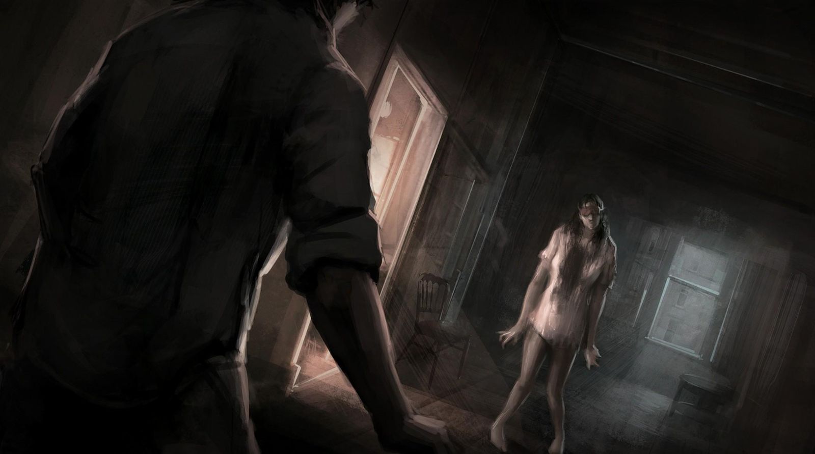 A man in a dark room faces a pale, barefoot woman standing in a doorway.