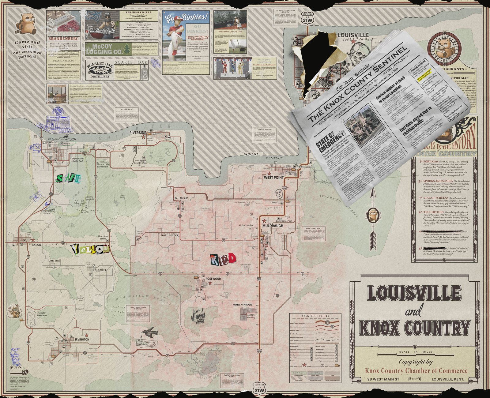 A vintage-style tourist map of Louisville and Knox Country, marked by hand: SAFE in green around Brandenburg and Riverside, YELLOW across the west and south around Ekron and Irvington, RED across the centre around Muldraugh, Rosewood and March Ridge. Indiana, north of the Ohio River, is hatched out.